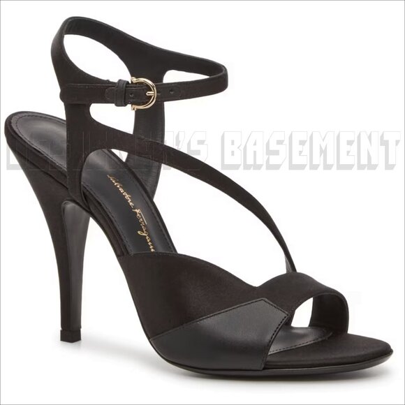 SALVATORE FERRAGAMO Black leather & satin 7.5 OLGA Slingback Heel Sandals NIB - Picture 5 of 8